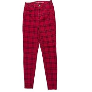 American Eagle Size 2 Womens Jean Curvy Hi Rise Jegging Skinny Red Plaid Stretch